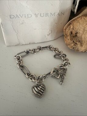 David Yurman Sterling Silver Diamond Heart Charm Toggle Bracelet